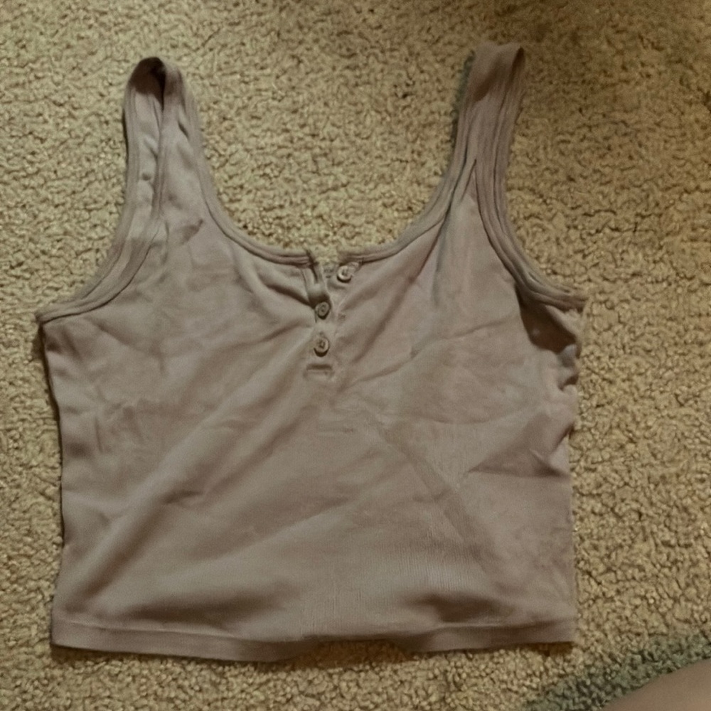 RIBBED SCOOP HENLEY TANK button front Taupe cami tank cropped